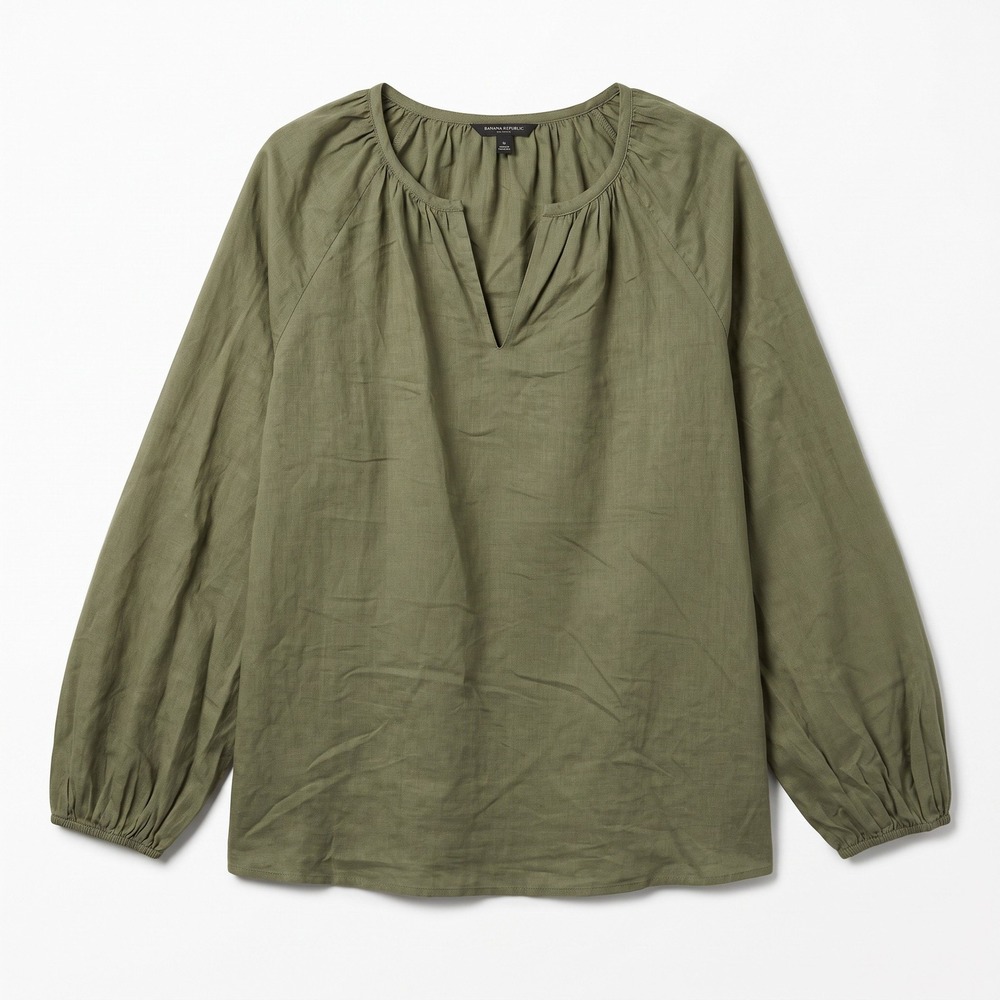 Banana Republic XL Olive Green Womens Linen Cotton Blouse Boho Casual Top